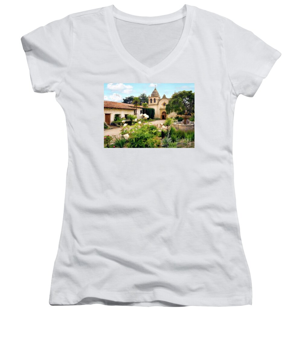 Carmel Women's V-Neck featuring the photograph Carmel Mission by Sharon Foster