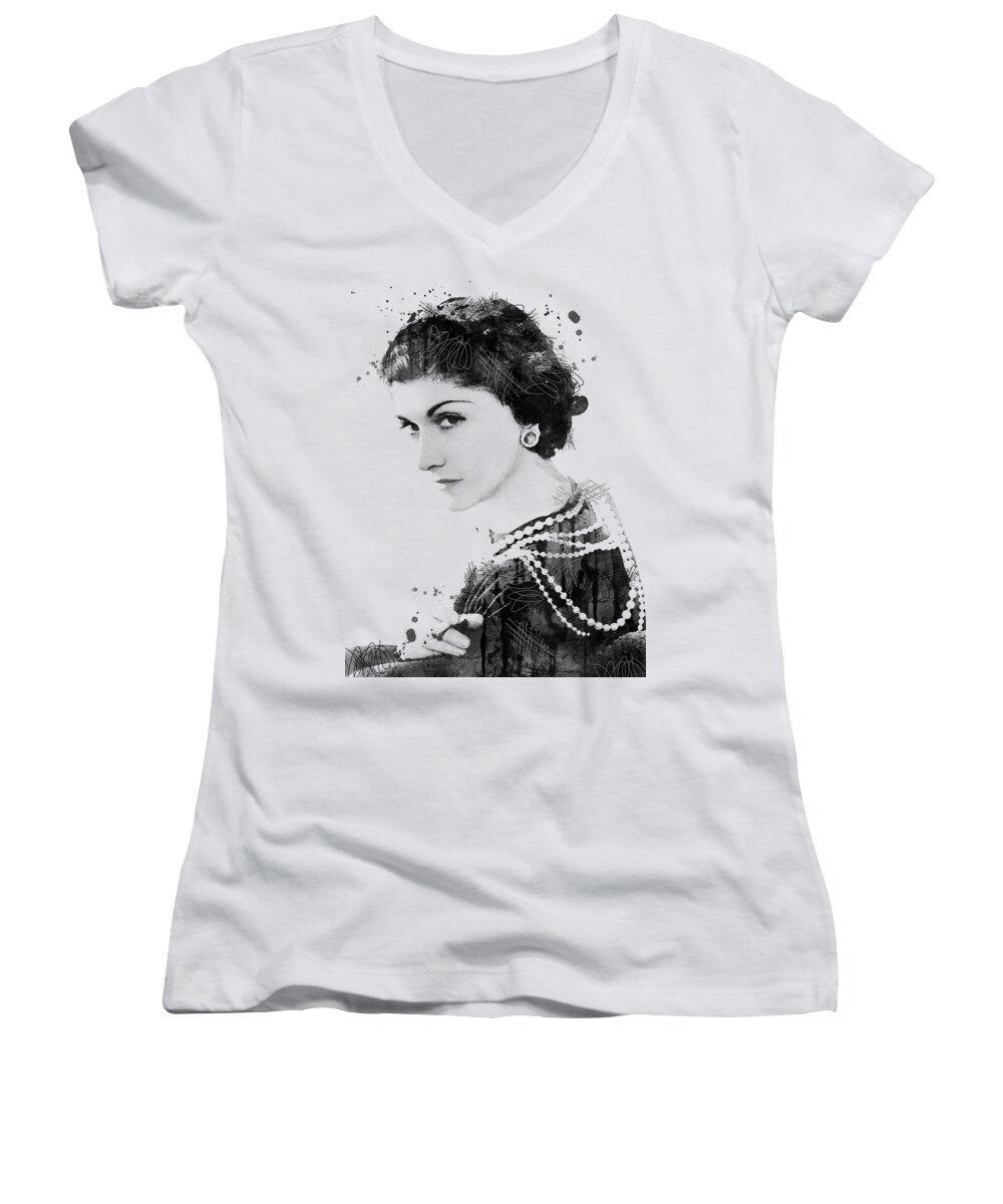 Coco Chanel bw watercolor Women's V-Neck by Mihaela Pater - Pixels