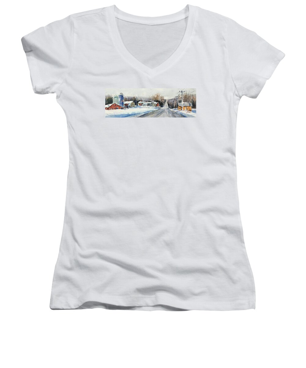 Landscape Women's V-Neck featuring the painting Cody Farm in Winter by Judith Levins