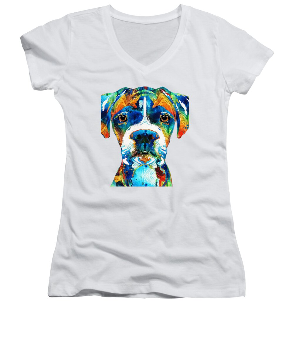 Boxer Women's V-Neck featuring the painting Colorful Boxer Dog Art By Sharon Cummings by Sharon Cummings