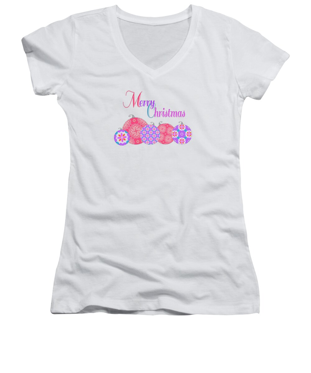 Christmas Decorations Women's V-Neck featuring the digital art Colorful Christmas Ornaments Card by Marianne Campolongo