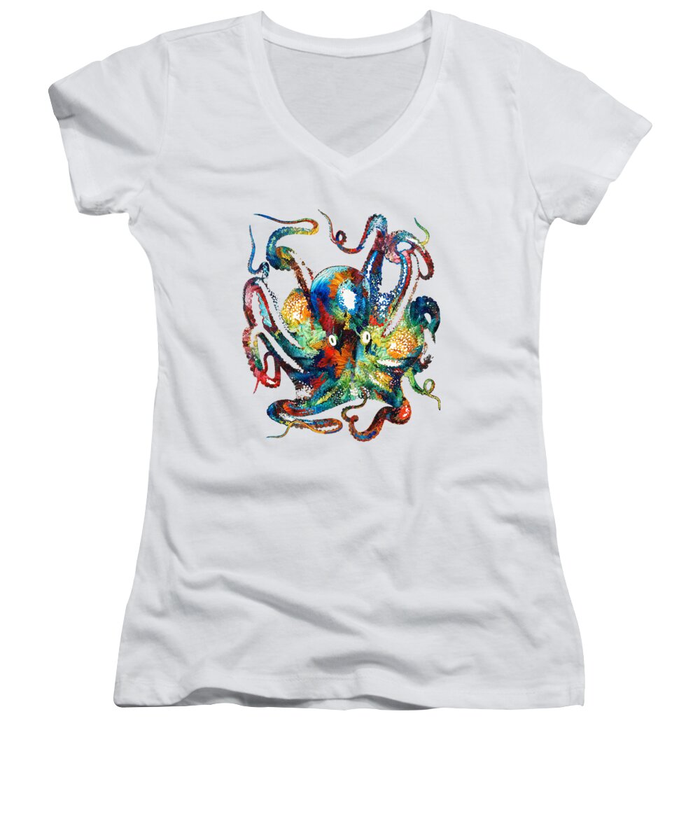 Octopus Women's V-Neck featuring the painting Colorful Octopus Art by Sharon Cummings by Sharon Cummings