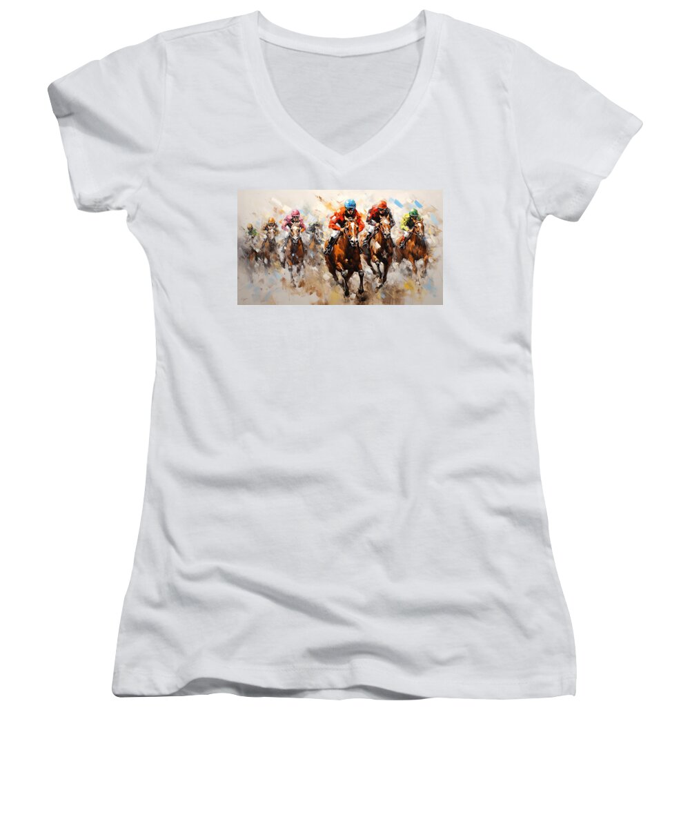 Horse Racing Women's V-Neck featuring the painting Colorful Spectacle by Lourry Legarde