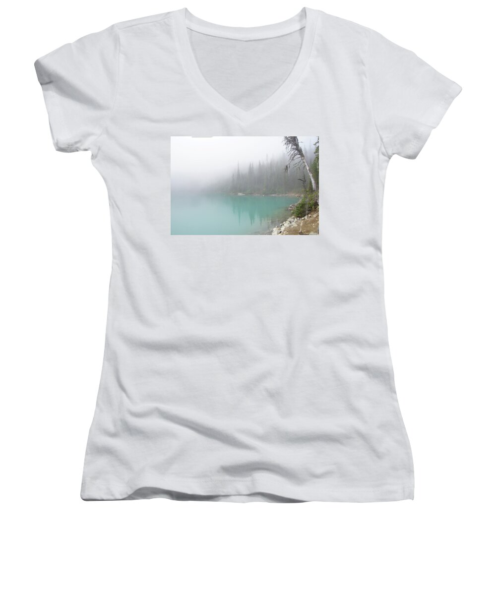 British Columbia Women's V-Neck featuring the photograph Conifer snag and morning mist by Steve Estvanik