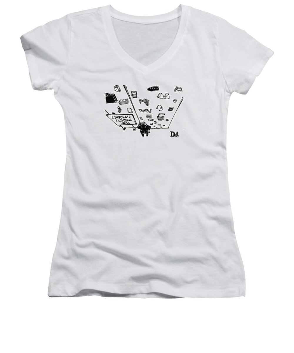 Captionless Women's V-Neck featuring the drawing Corporate Climbing Wall by Drew Dernavich