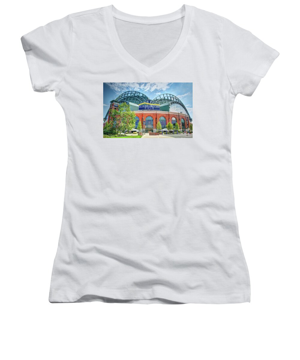 Skyscraper Women's V-Neck featuring the photograph Day at the Ballgame by Deborah Klubertanz