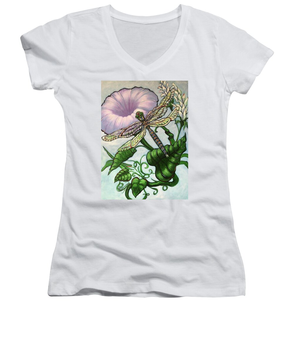 Dragonfly Women's V-Neck featuring the painting Dragonfly by Jeanette Jarmon