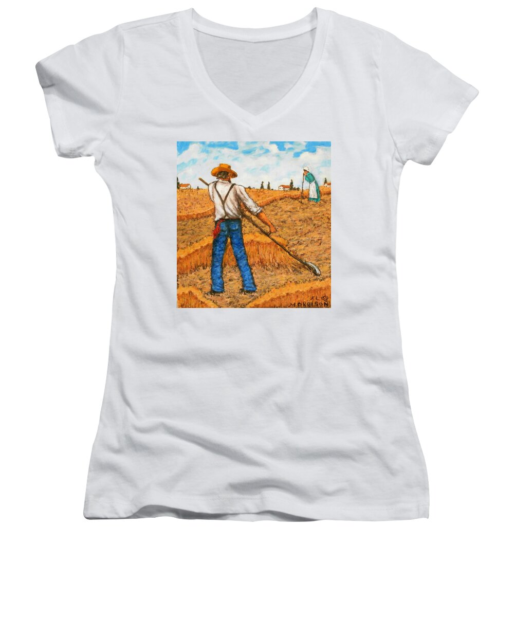 Impressionist Landscape Women's V-Neck featuring the painting Earning your Bread by Frank Morrison