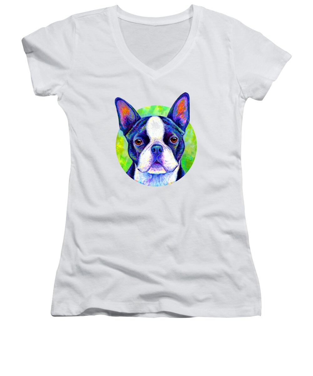 Boston Terrier Women's V-Neck featuring the painting Effervescent - Colorful Boston Terrier Dog by Rebecca Wang