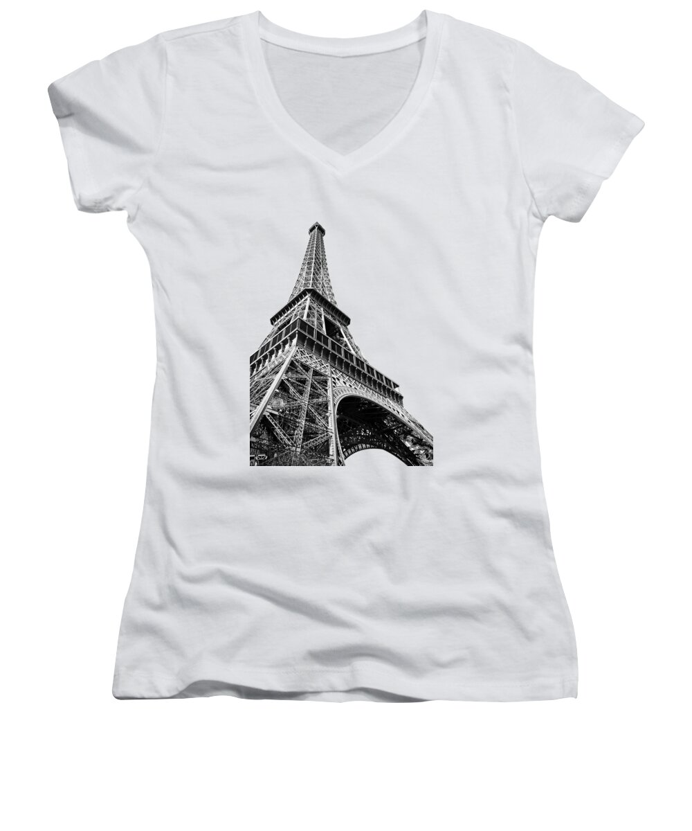 Eiffel Women's V-Neck featuring the photograph Eiffel tower in black and white by Delphimages Paris Photography
