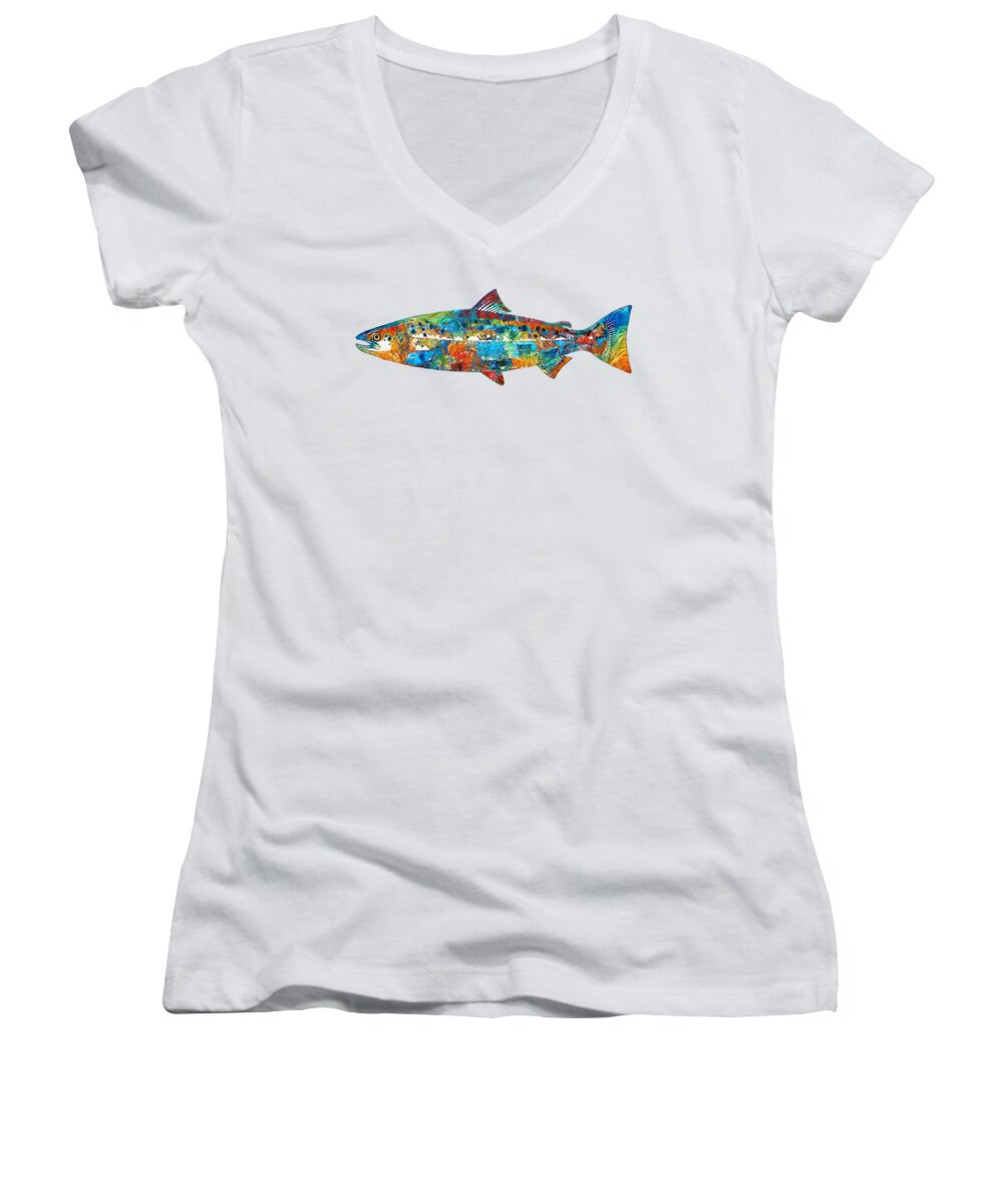 Salmon Women's V-Neck featuring the painting Fish Art Print - Colorful Salmon - By Sharon Cummings by Sharon Cummings