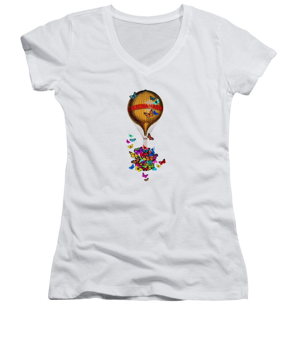 French Women's V-Neck featuring the digital art French hot air balloon with rainbow butterflies basket by Madame Memento