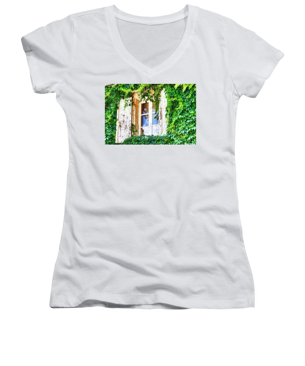 French Women's V-Neck featuring the photograph French window in Provence by Tatiana Travelways
