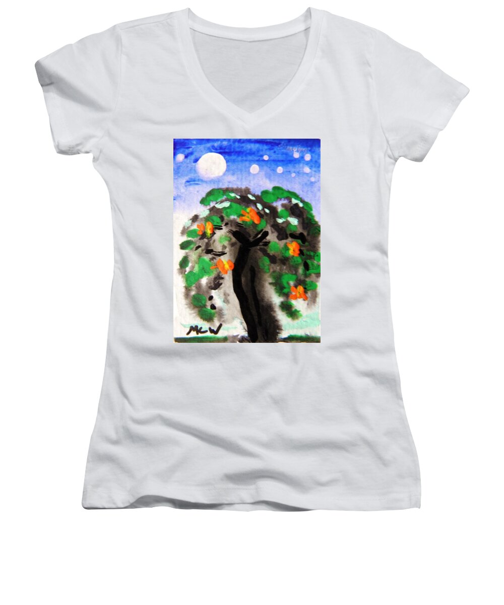 Moon Women's V-Neck featuring the painting Full Moon in Tropics by Mary Carol Williams