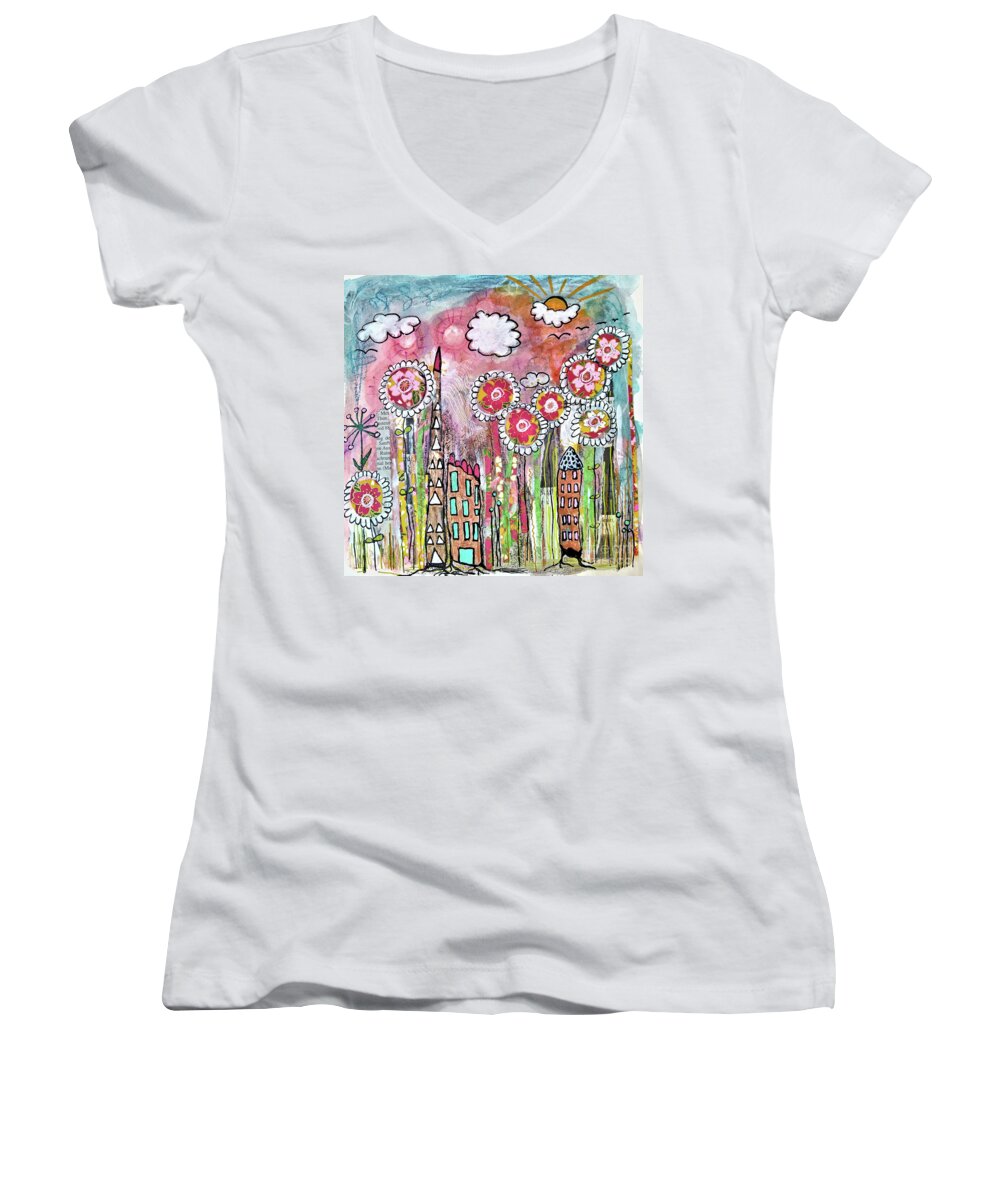 City Women's V-Neck featuring the mixed media Gartenstadt - Garden Town by Mimulux Patricia No