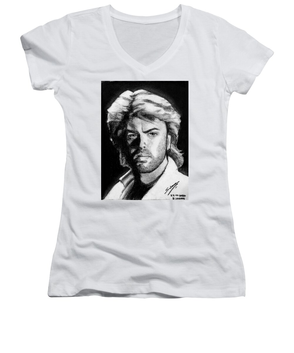 George Michael 80s Rockstar Popstar Portrait Wham! Icon Last Christmas Wham Synth 1980s Fashion Big Synthpop Newwave New Retro Wave English British Mullet Music Hairstyle Synthwave Pop Wallpaper Buy Art Print Phone Case T-shirt Beautiful Duvet Case Pillow Tote Bags Shower Curtain Greeting Cards Mobile Apple Android Drawing Canvas Metal Apple Android Sketch Charcoal Black And White Best Salman Ravish Khan Art Painting Drawing Poster Eyes Background Gift Present Kids Birthday Anniversary Man Cave Women's V-Neck featuring the drawing George Michael by Salman Ravish