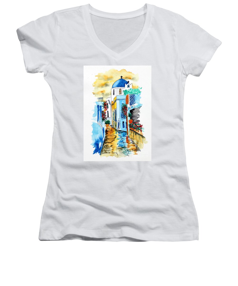  Women's V-Neck featuring the painting Greek Street by Maria Barry
