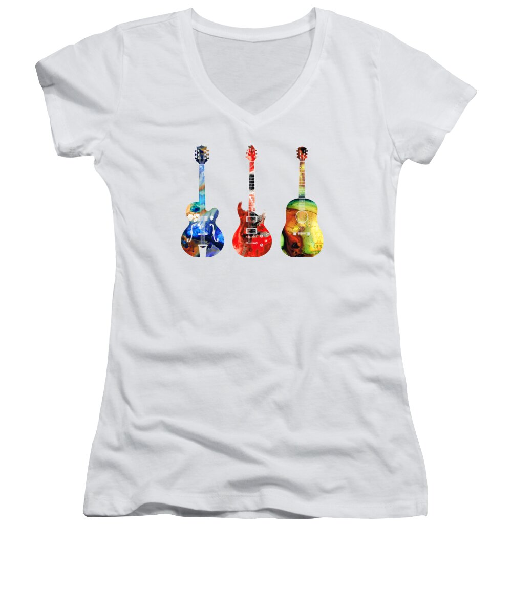 Guitar Women's V-Neck featuring the painting Guitar Threesome - Colorful Guitars By Sharon Cummings by Sharon Cummings