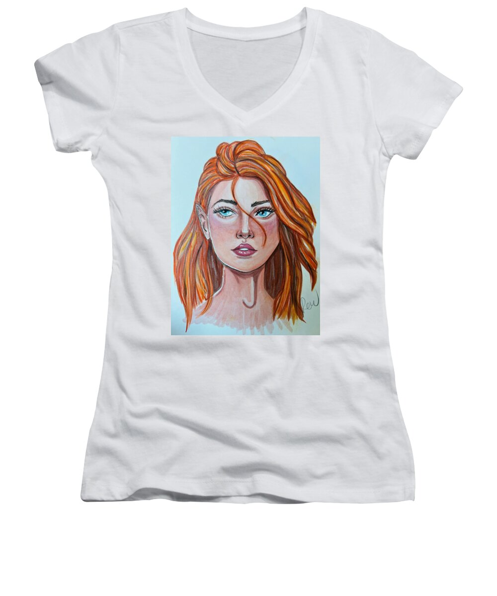 Gwen Women's V-Neck featuring the drawing Gwen by Rebecca Wood