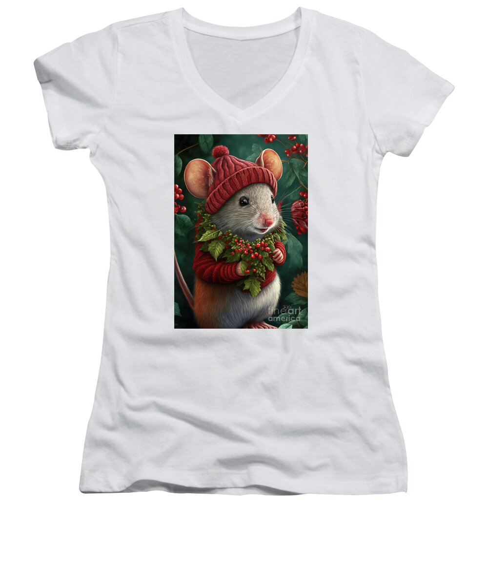 #faaadwordsbest Women's V-Neck featuring the painting Happy Little Christmas Mouse by Tina LeCour