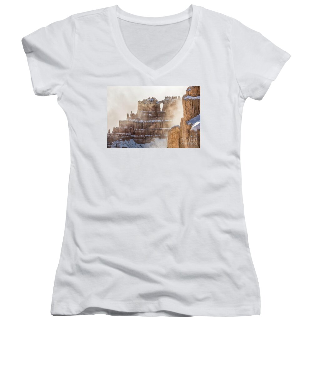 Landscape Women's V-Neck featuring the photograph Hoodoos in Fog - Bryce Canyon by Sandra Bronstein