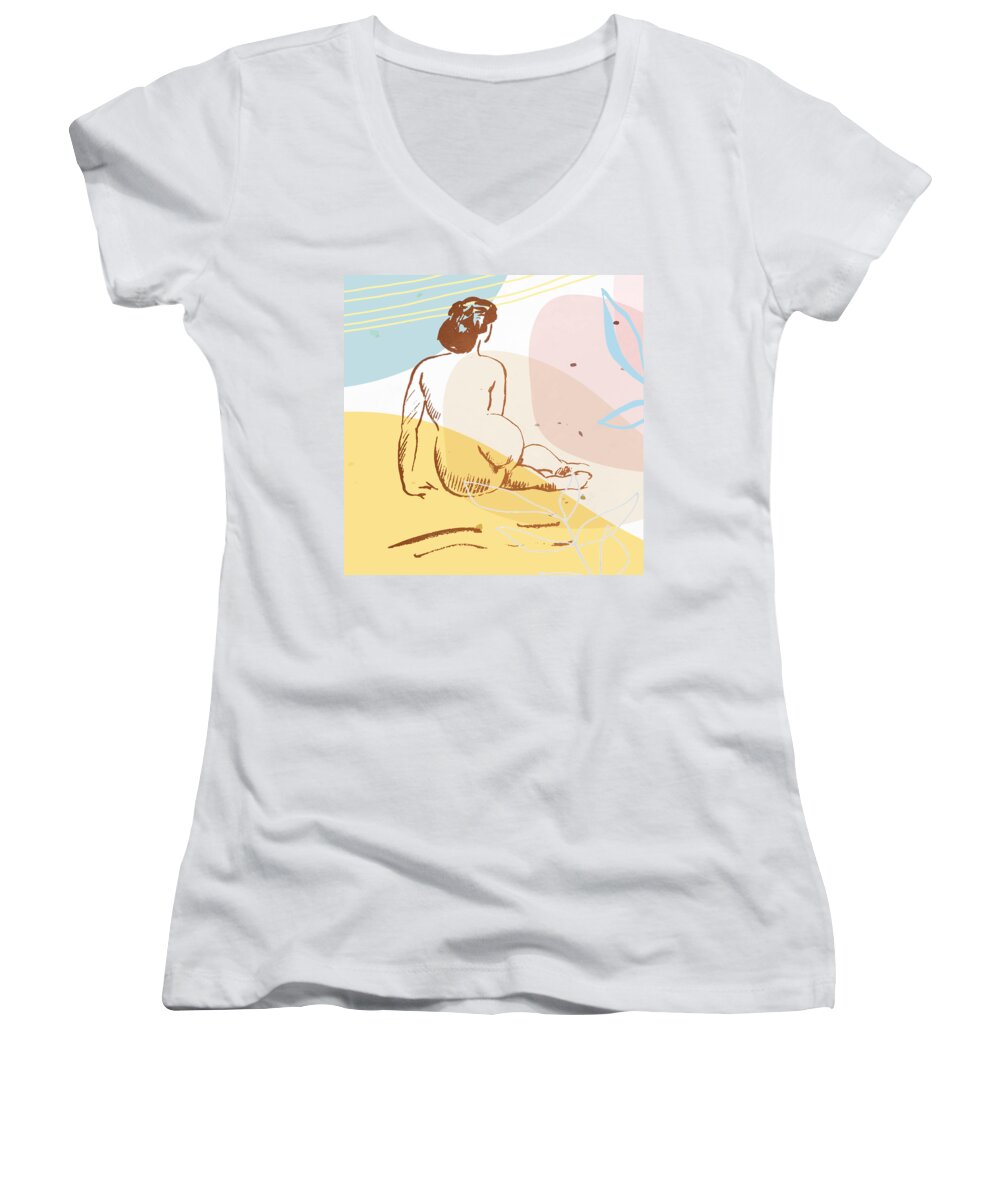 Painting Women's V-Neck featuring the drawing Huge collection of nudity line art, female form art prints, female form line print set, No 02 by Mounir Khalfouf