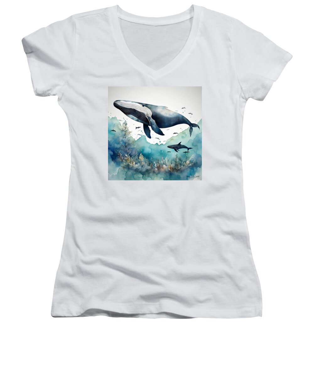 Whale Women's V-Neck featuring the mixed media Humpback Whale by Pennie McCracken