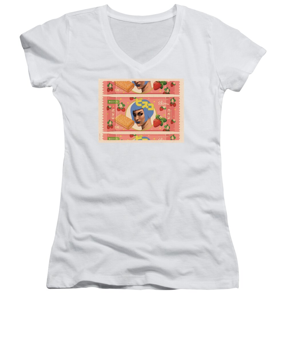 Pop Art Women's V-Neck featuring the mixed media Idoru Sweets by Udo Linke