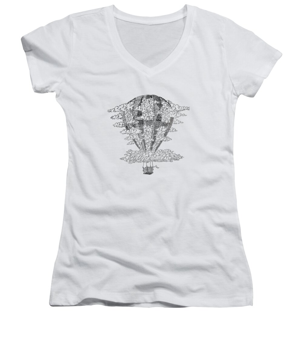 Surreal Women's V-Neck featuring the digital art In My Cumulus Balloon by Jenny Armitage