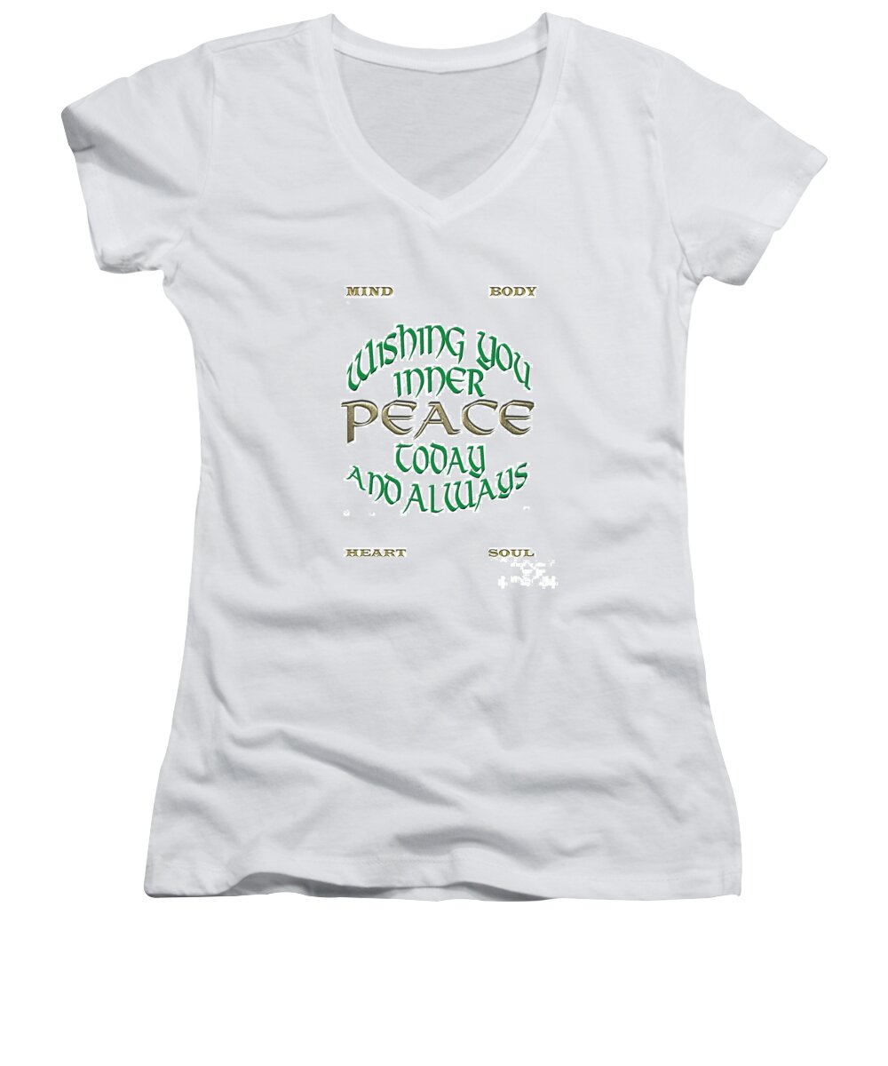 Calligraphy Women's V-Neck featuring the digital art Inner Peace Wish by Jacqueline Shuler