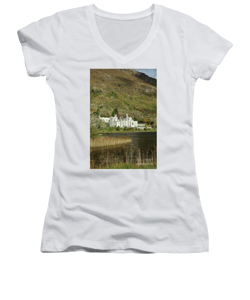 Abbey Castle Lake Mountains Benedictine Monastery Connemara Galway Wildatlanticway Ireland Photography Prints Women's V-Neck featuring the photograph Kylemore Abbey by Peter Skelton
