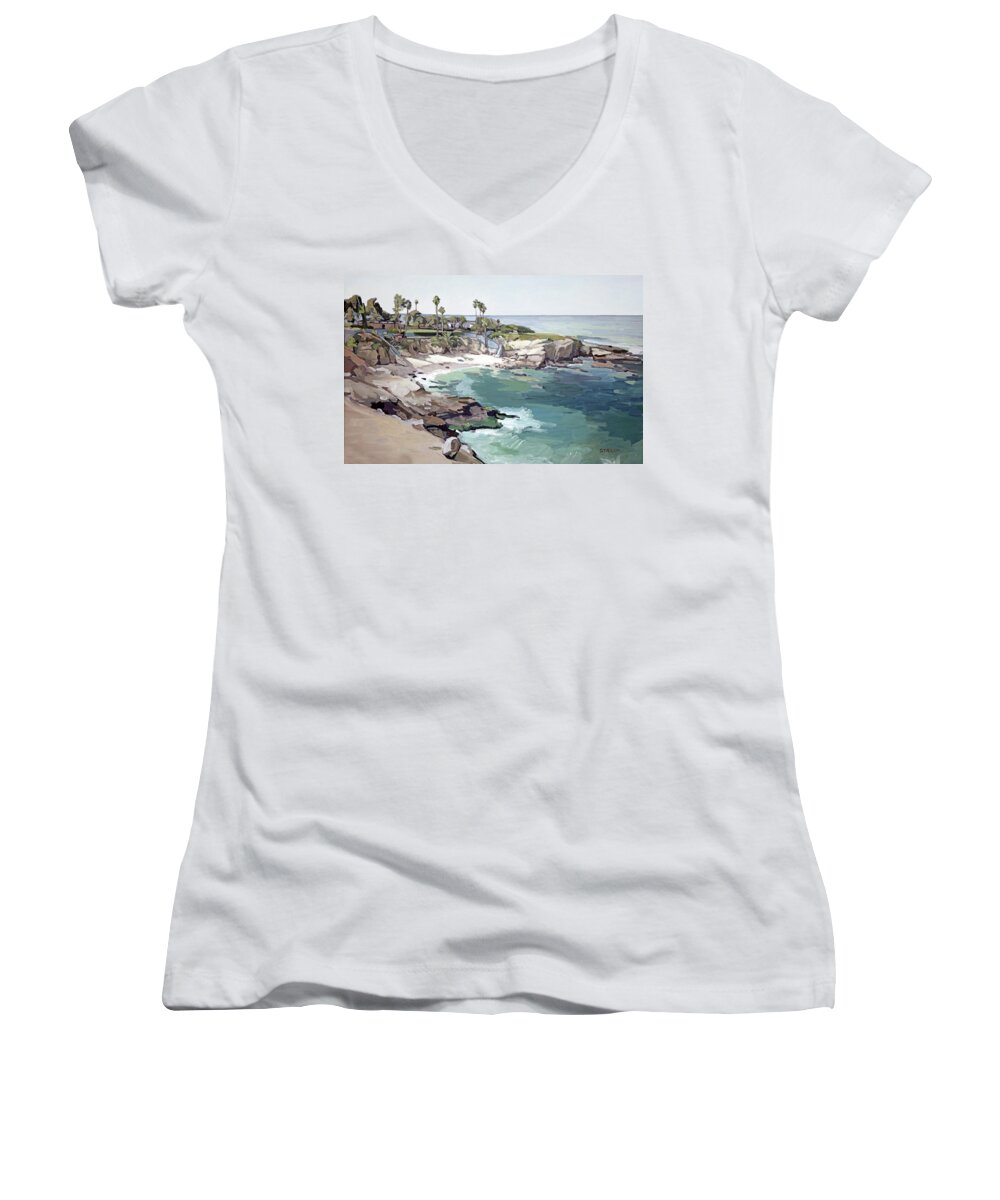 La Jolla Cove Women's V-Neck featuring the painting La Jolla Cove - San Diego California by Paul Strahm
