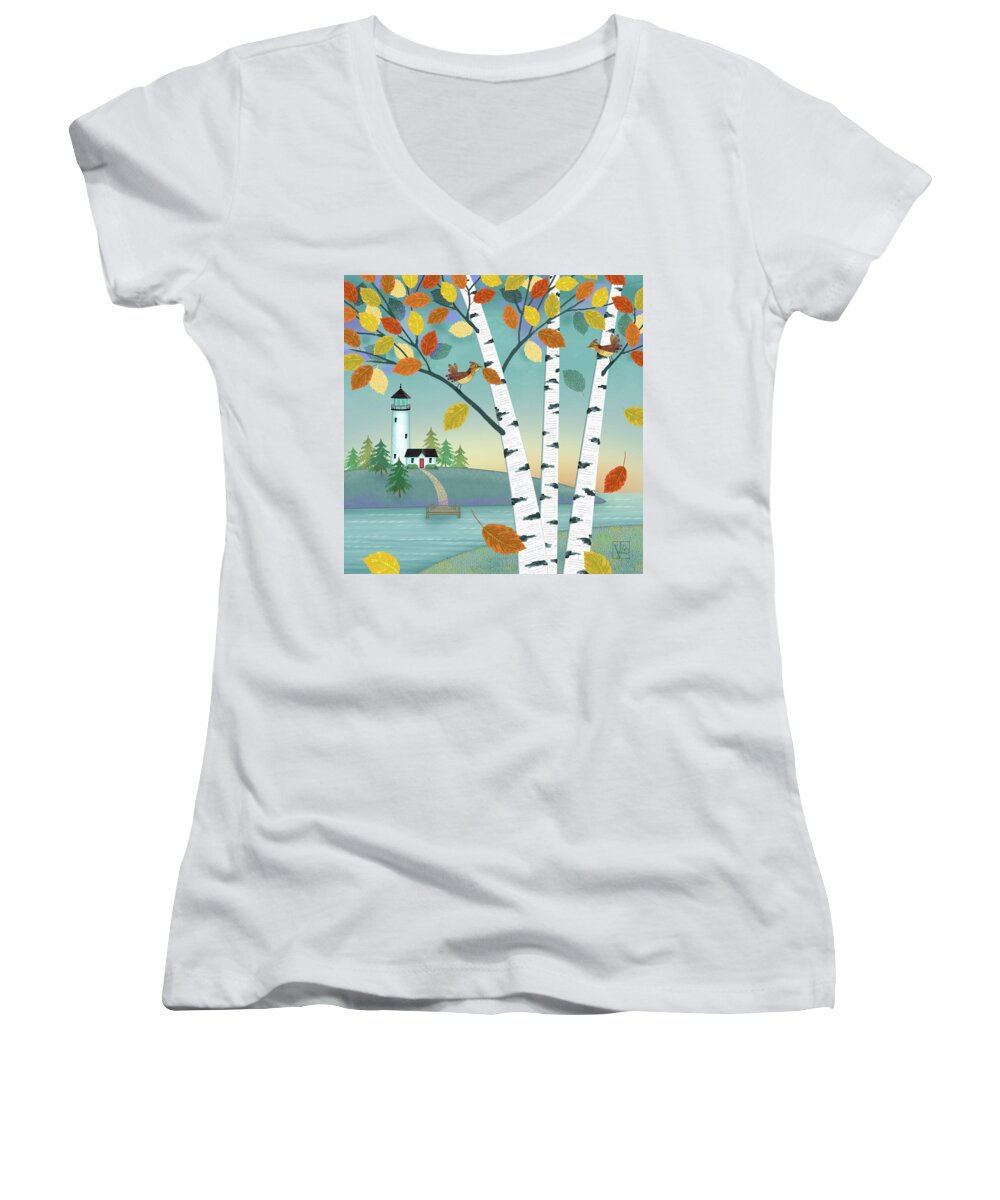 Trees Women's V-Neck featuring the digital art Lakeside in the Fall by Valerie Drake Lesiak
