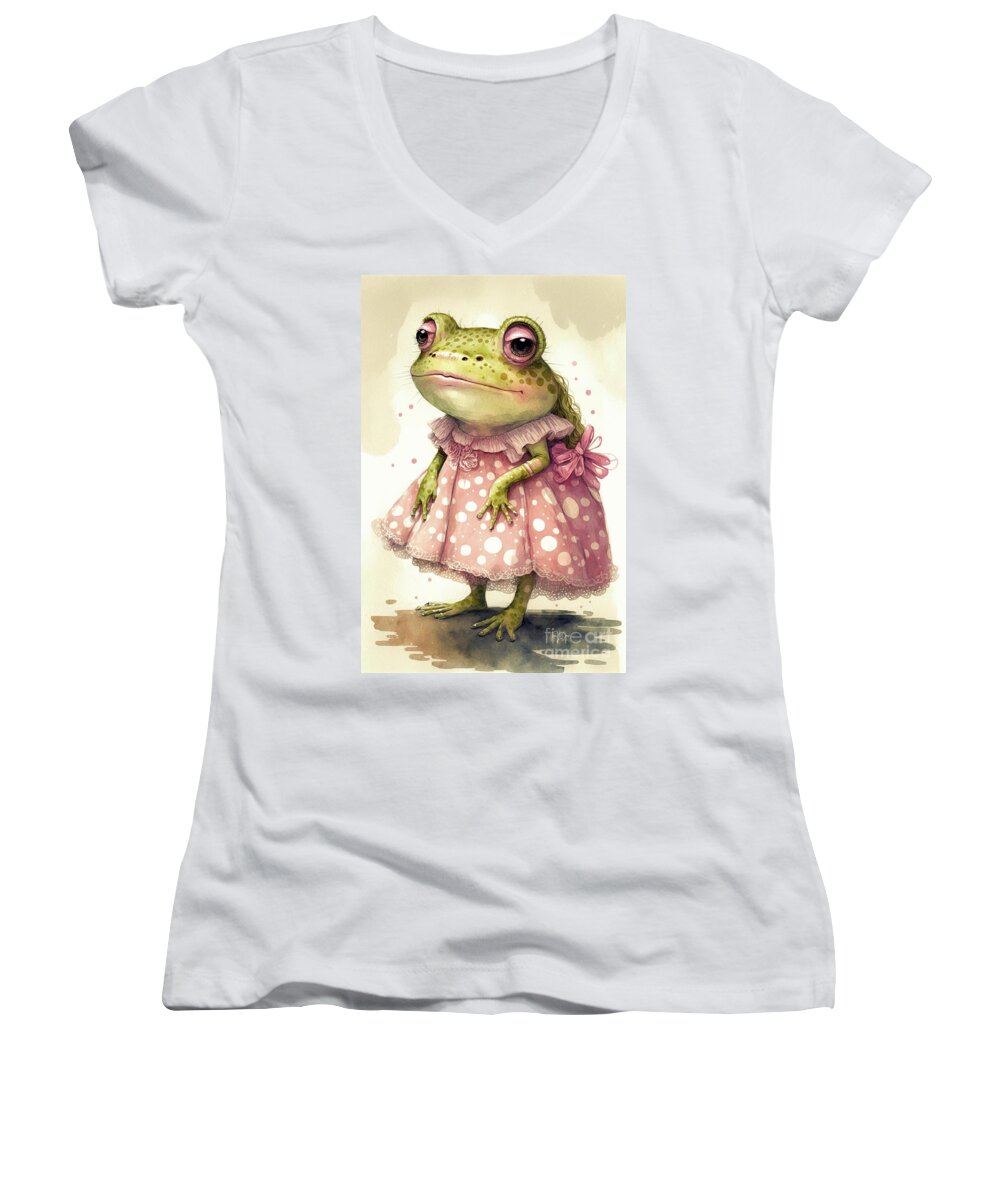 Frogs Women's V-Neck featuring the painting Little Sweet Pea by Tina LeCour