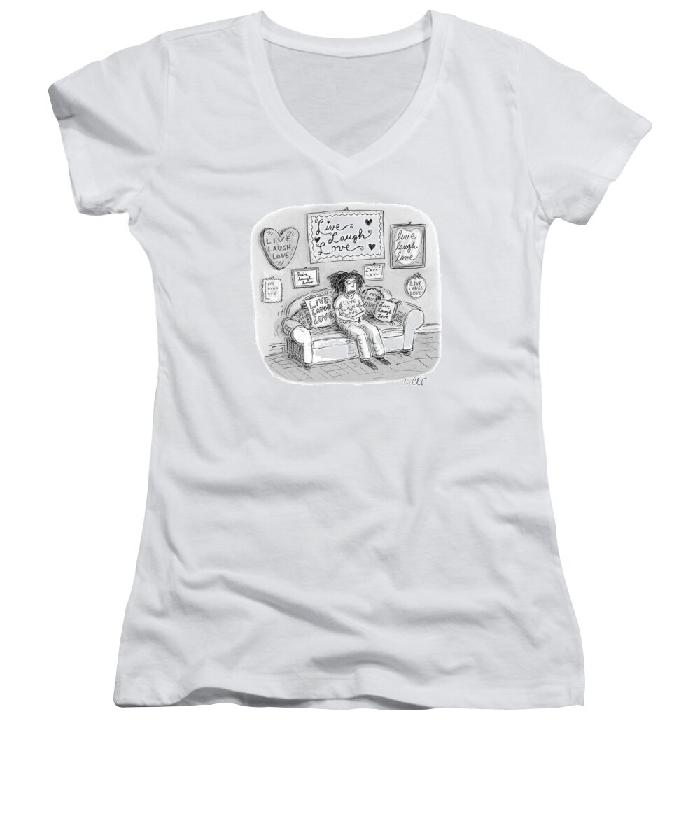 Captionless Women's V-Neck featuring the drawing Live Laugh Love by Roz Chast
