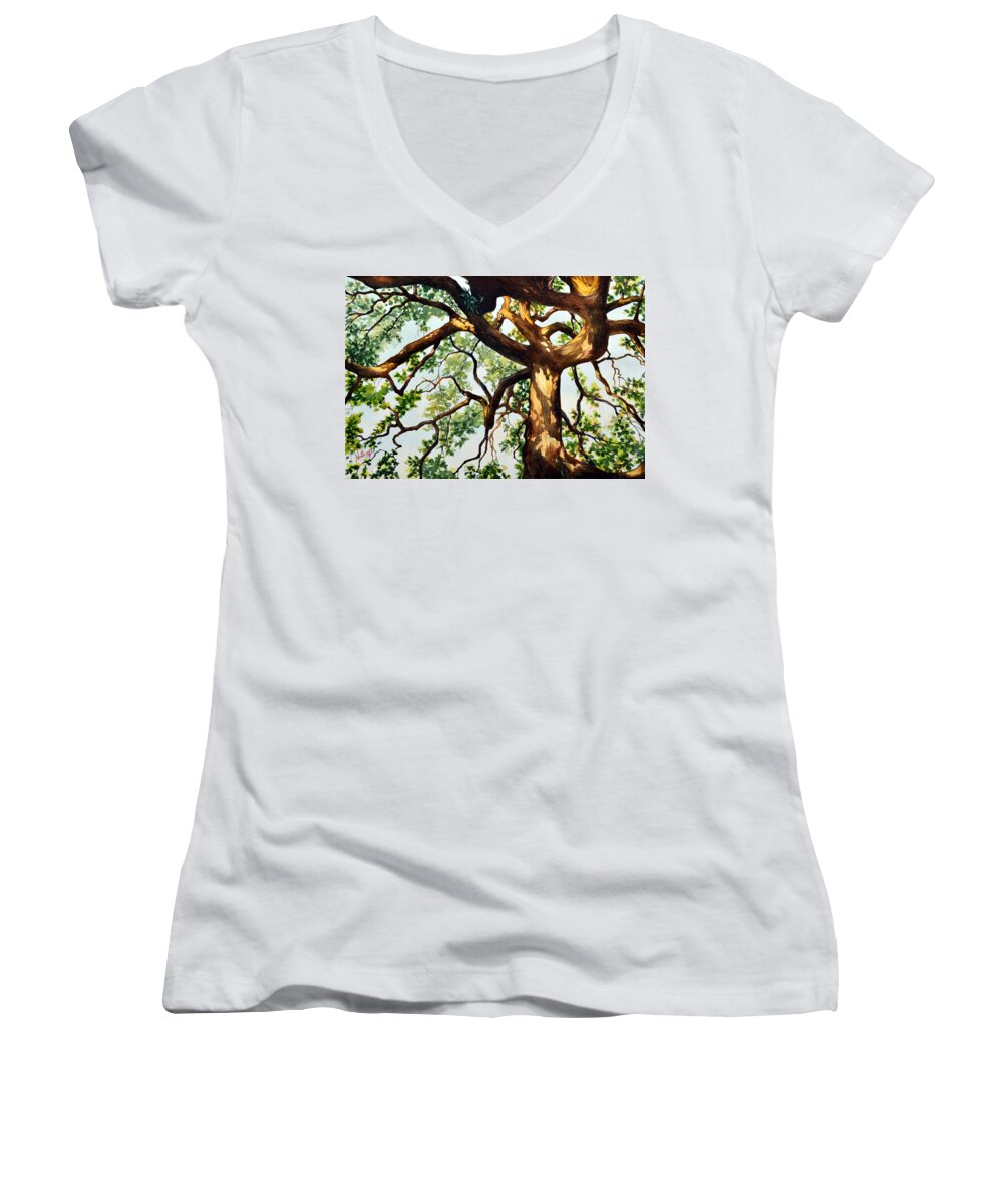Watercolor Women's V-Neck featuring the painting Live Oak in setting sun by Mick Williams
