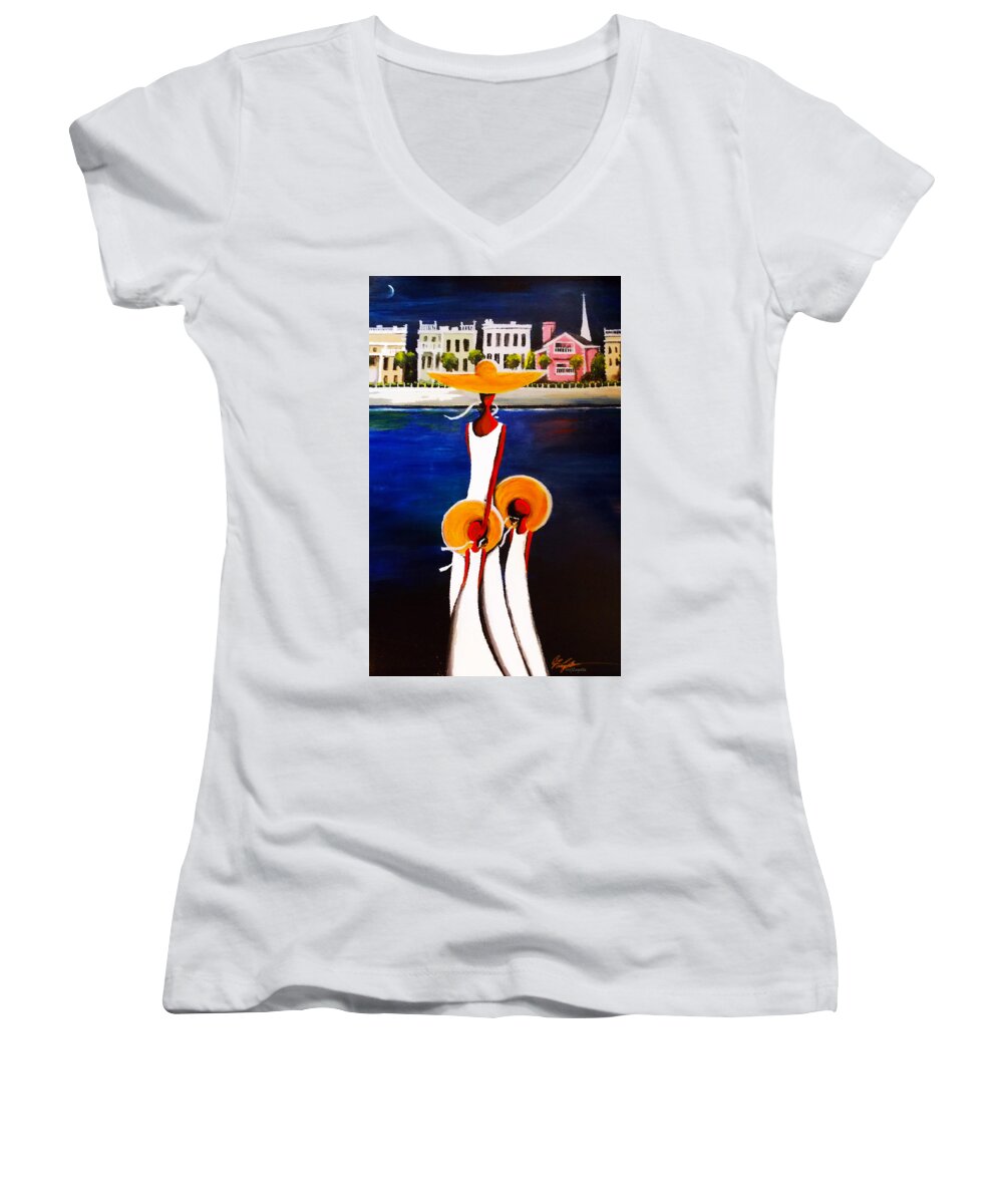 Charleston Battery Row Love Hope Faith Women's V-Neck featuring the painting On The Battery Charleston SC by C F Legette