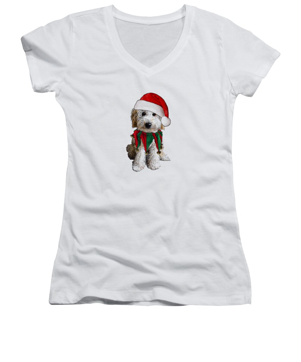Wall Art Women's V-Neck featuring the digital art Merry Christmas Labradoodle by Madame Memento