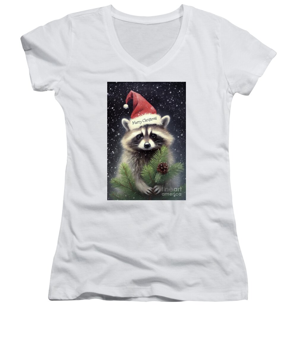 #faaadwordsbest Women's V-Neck featuring the painting Merry Christmas Raccoon by Tina LeCour
