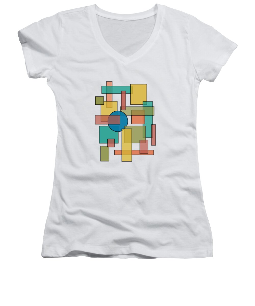 #faatoppicks Women's V-Neck featuring the digital art Mid Century Modern Blocks, Rectangles and Circles with horizontal Background by DB Artist