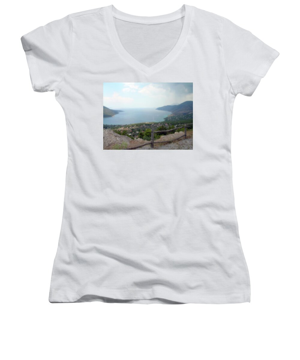 Greece Women's V-Neck featuring the photograph Mountain and Sea view in Greece by Johanna Hurmerinta