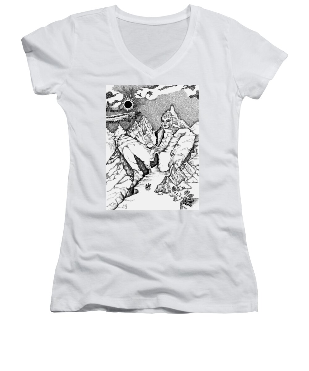 Landscape Women's V-Neck featuring the drawing Mountains by Yelena Tylkina