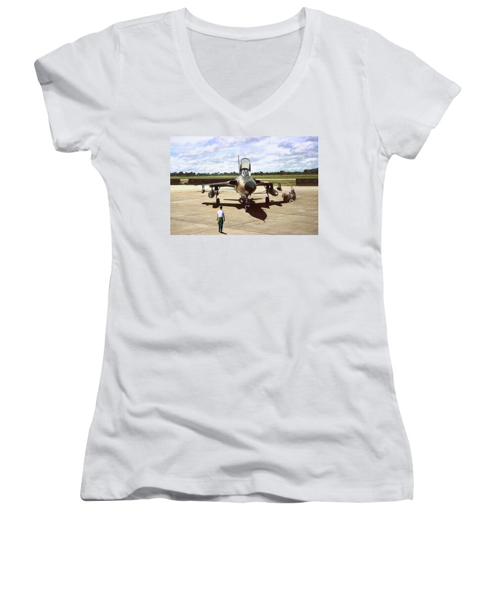 Aviation Women's V-Neck featuring the digital art My Baby F-105 by Peter Chilelli
