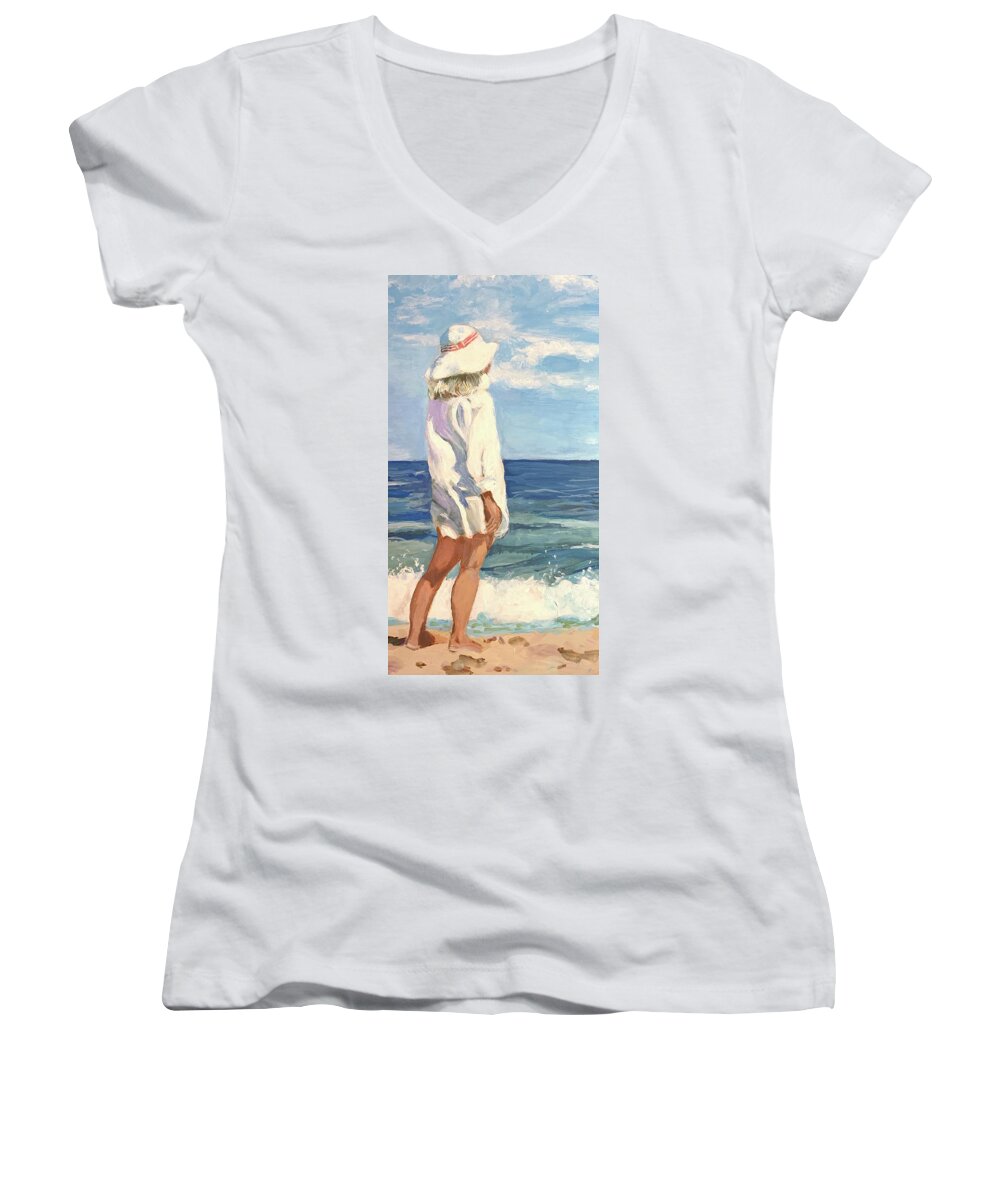 Figurative Lady In White Blouse And White Hat Women's V-Neck featuring the painting Mysterious Lady by Judith Scull