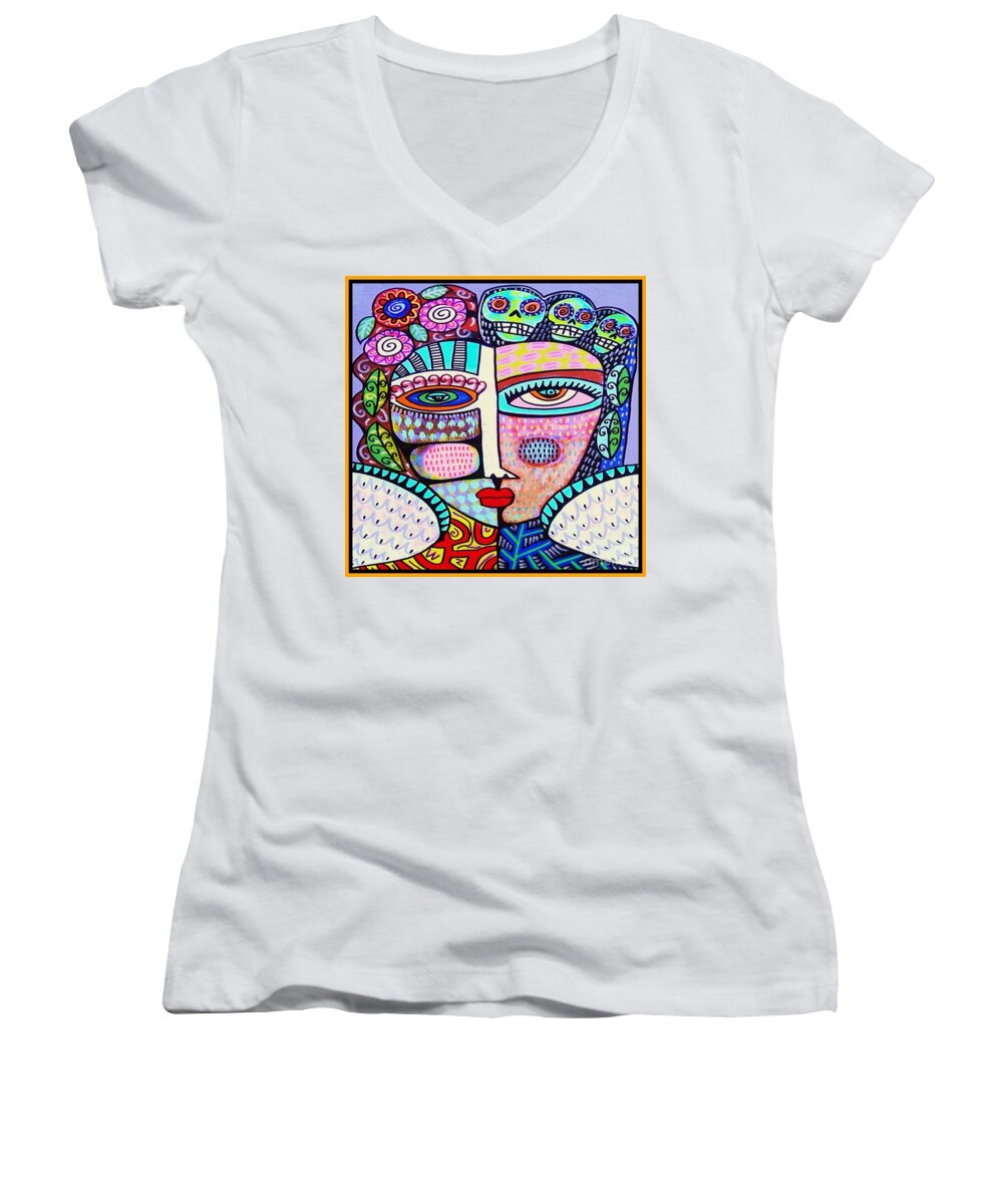 Mythological Women's V-Neck featuring the painting Mythological Lilac Sugar Skull Angel. The Generator of Whirlwinds. by Sandra Silberzweig