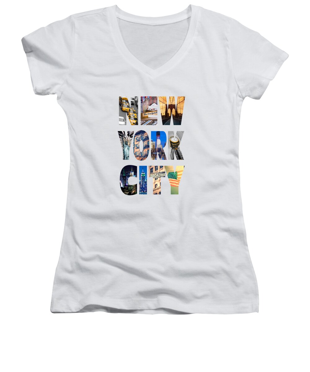 New York Women's V-Neck featuring the photograph New York City letters and photocollage by Delphimages Photo Creations