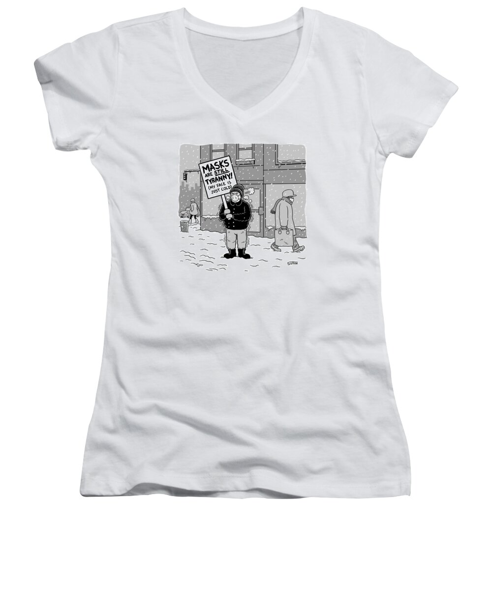 Captionless Women's V-Neck featuring the drawing New Yorker February 17, 2021 by Ward Sutton