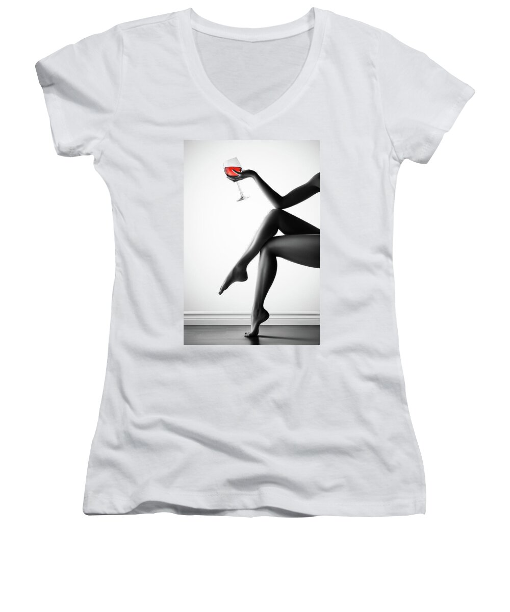 Woman Women's V-Neck featuring the photograph Nude woman red wine 5 by Johan Swanepoel