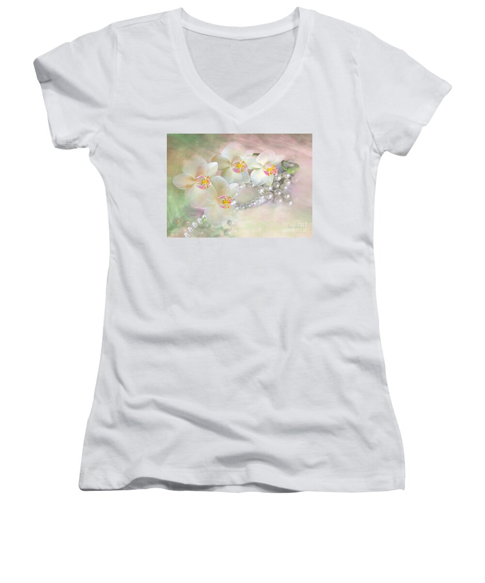 Pearls Women's V-Neck featuring the mixed media Orchids and Pearls by Morag Bates