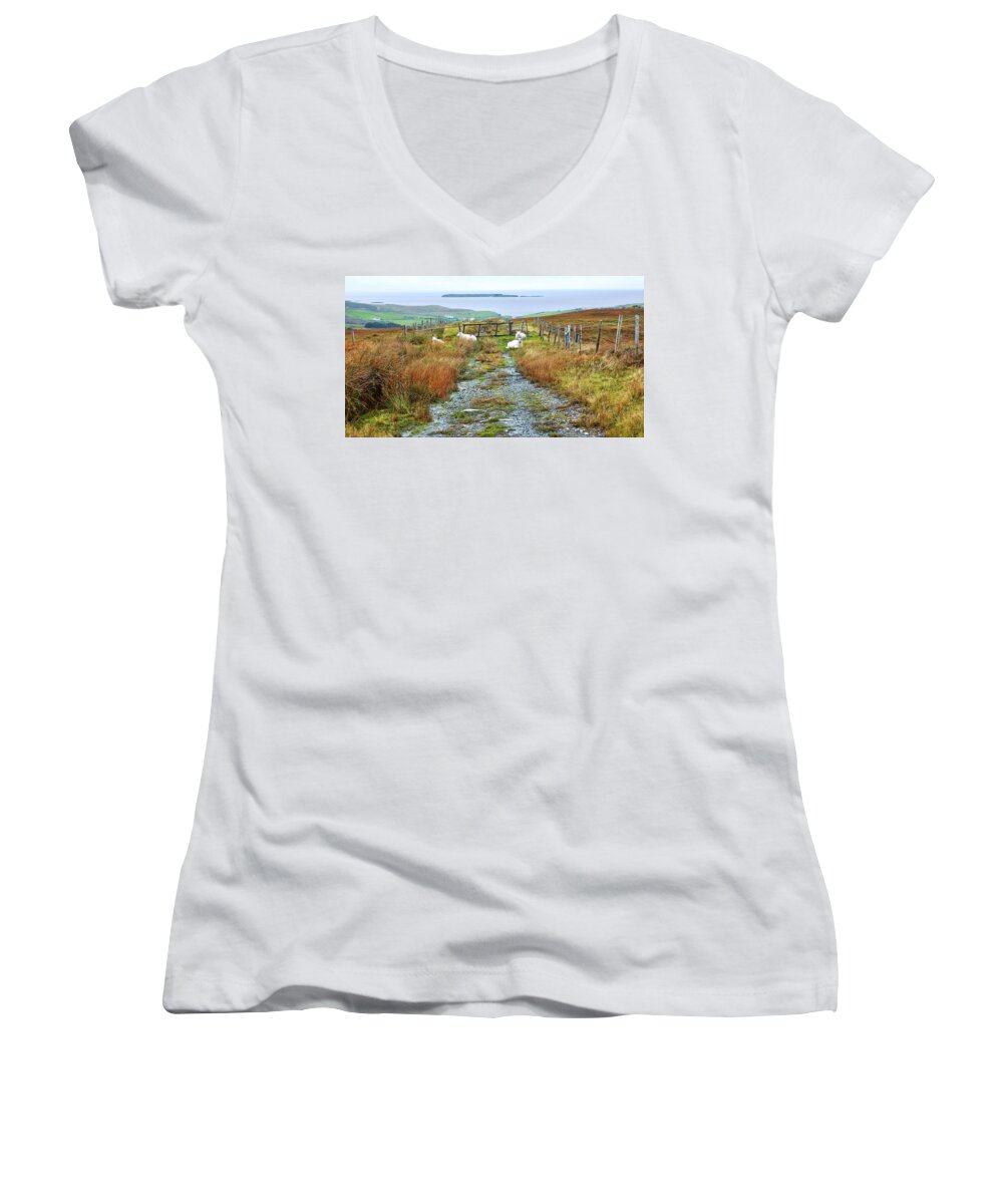 Sheep Women's V-Neck featuring the photograph Path to Malin Beg in Autumn by Lexa Harpell